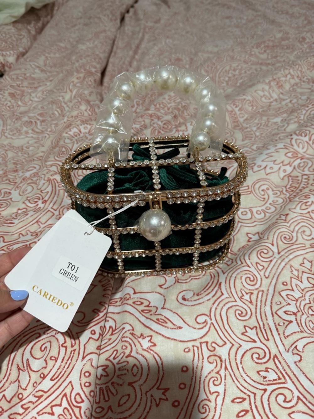Amazon Emerald Velvet Cage Mini Bag with Pearl Handle